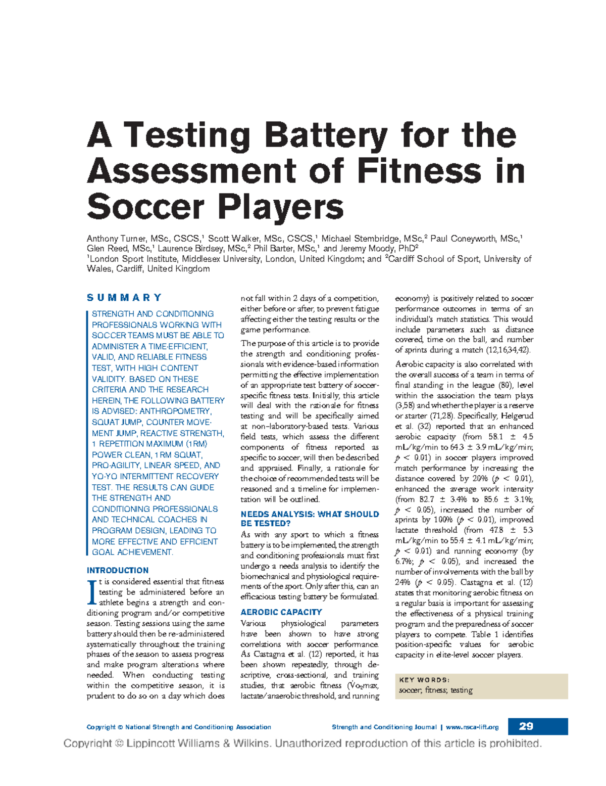 A Testing Battery for the Assessment of Fitness in Soccer Players - A ...