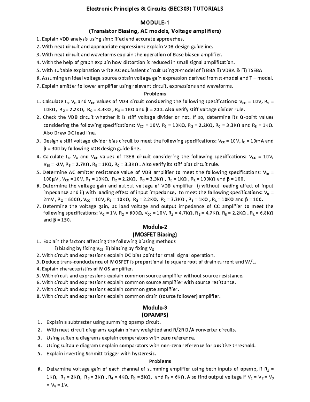 EPC BEC303 Question Bank Electronic Principles & Circuits (BEC303