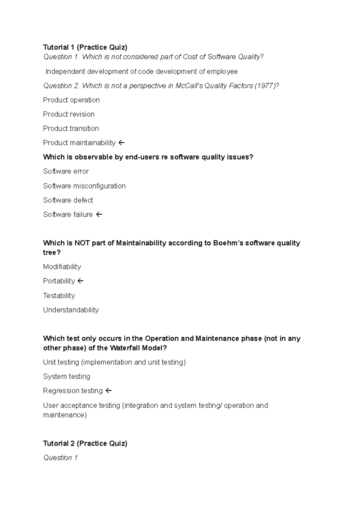 STQM notes - in class quiz - Tutorial 1 (Practice Quiz) Question 1 ...