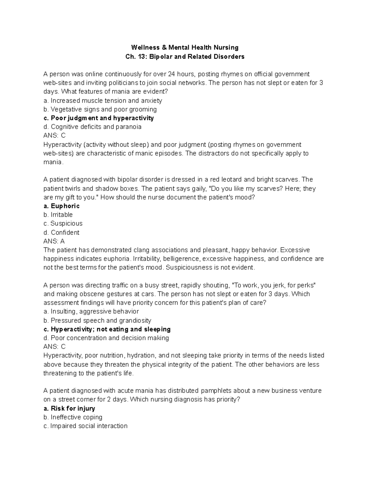 Wellness & Mental Health Ch. 13 - Wellness & Mental Health Nursing Ch ...