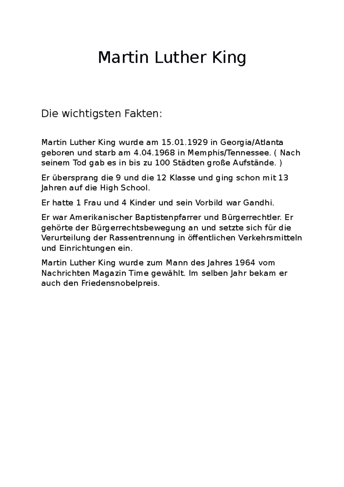 Martin Luther King grobe Daten Martin Luther King Die wichtigsten Fakten Martin Luther King Martin Luther King grobe Daten Martin Luther King Die wichtigsten Fakten Martin Luther King