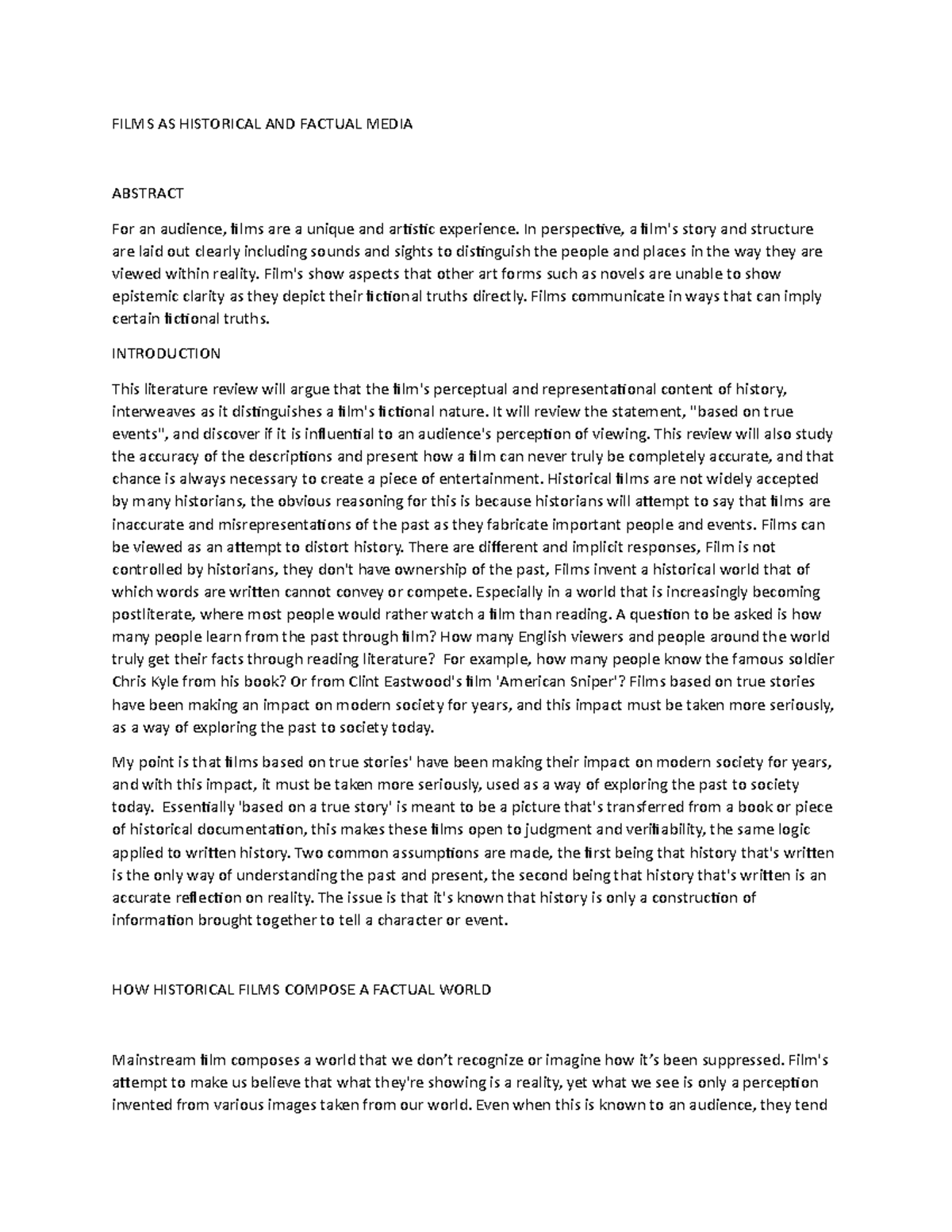 Lit review of how history makes films - FILMS AS HISTORICAL AND FACTUAL ...