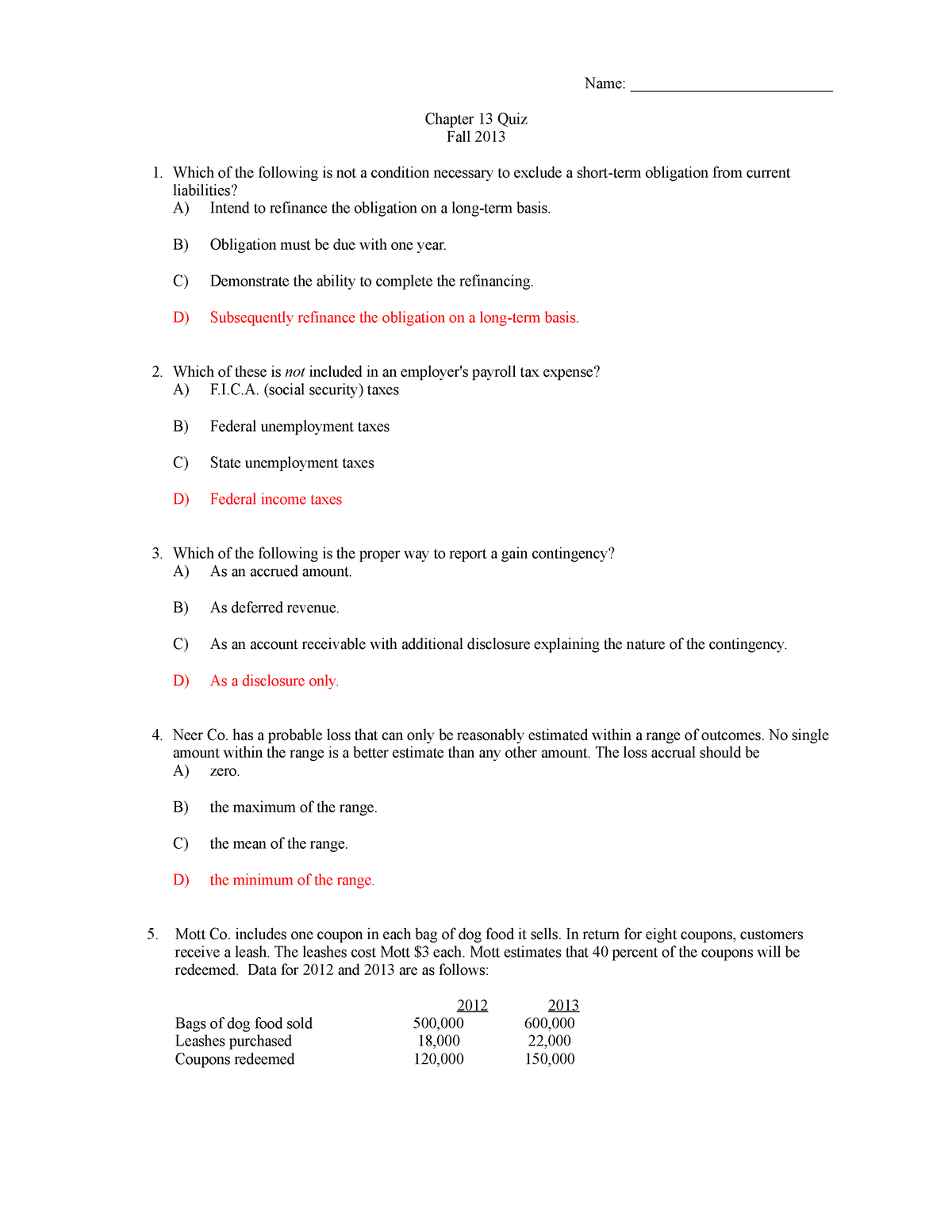 Answers Chapter 13 Quiz - Name: __________________________ Chapter 13 ...