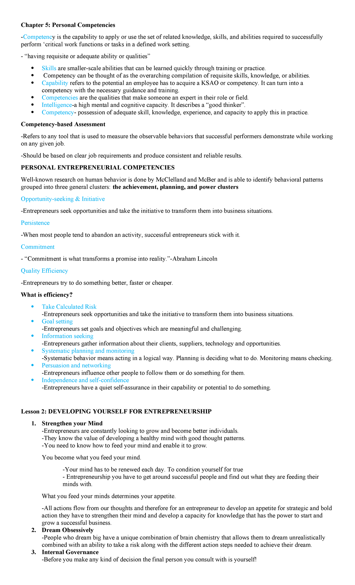 Entrep Reviewer gfyghjkkll;l; Chapter 5 Personal Competencies
