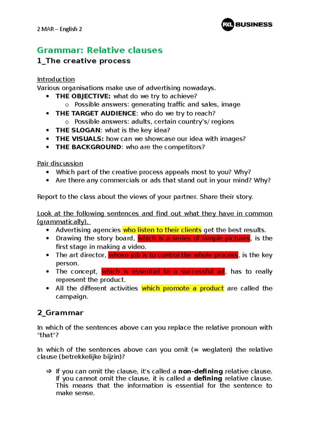 Relative pronouns - theory and exercises - Grammar: Relative clauses 1 ...