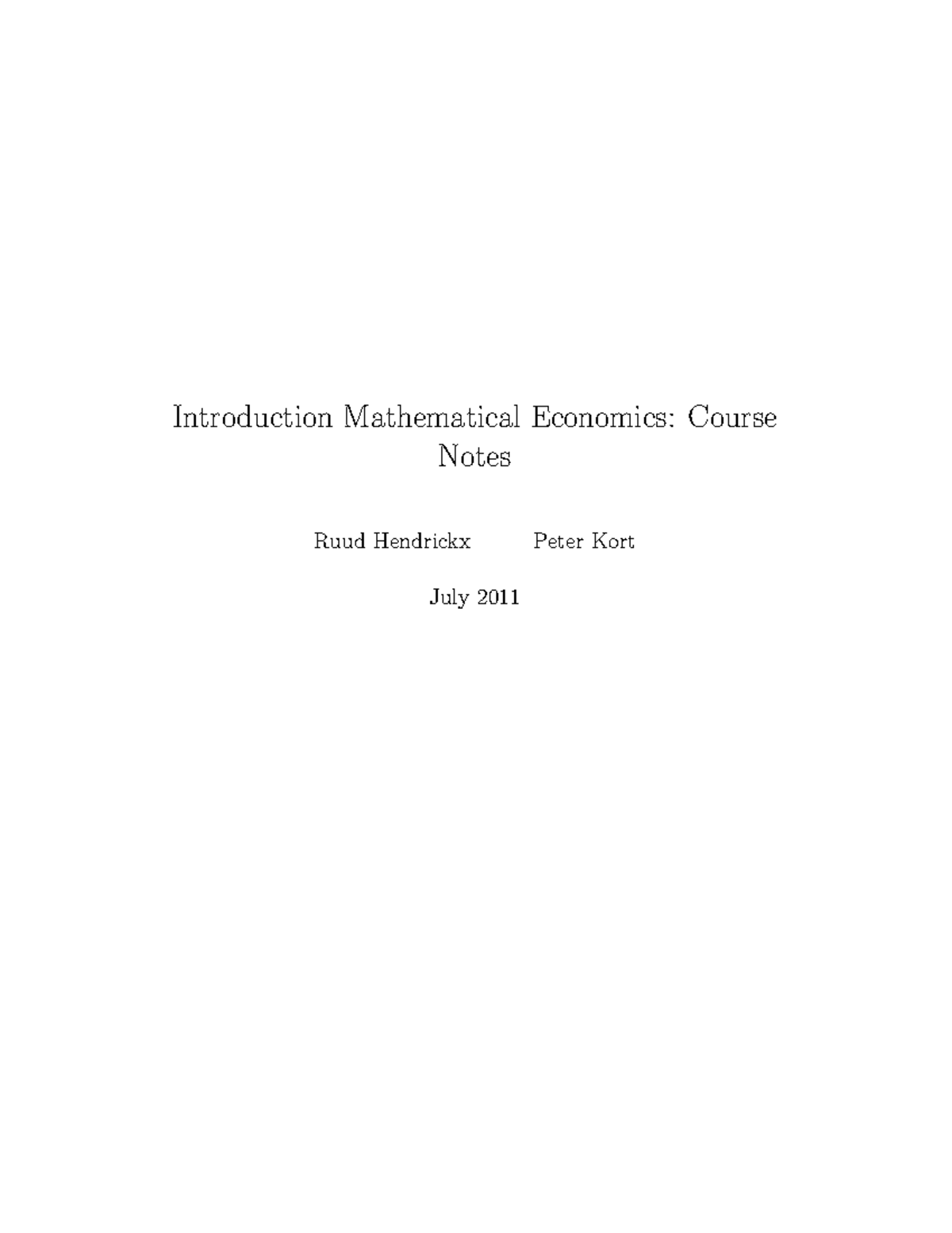 Introduction Mathematical Economics Introduction Mathematical