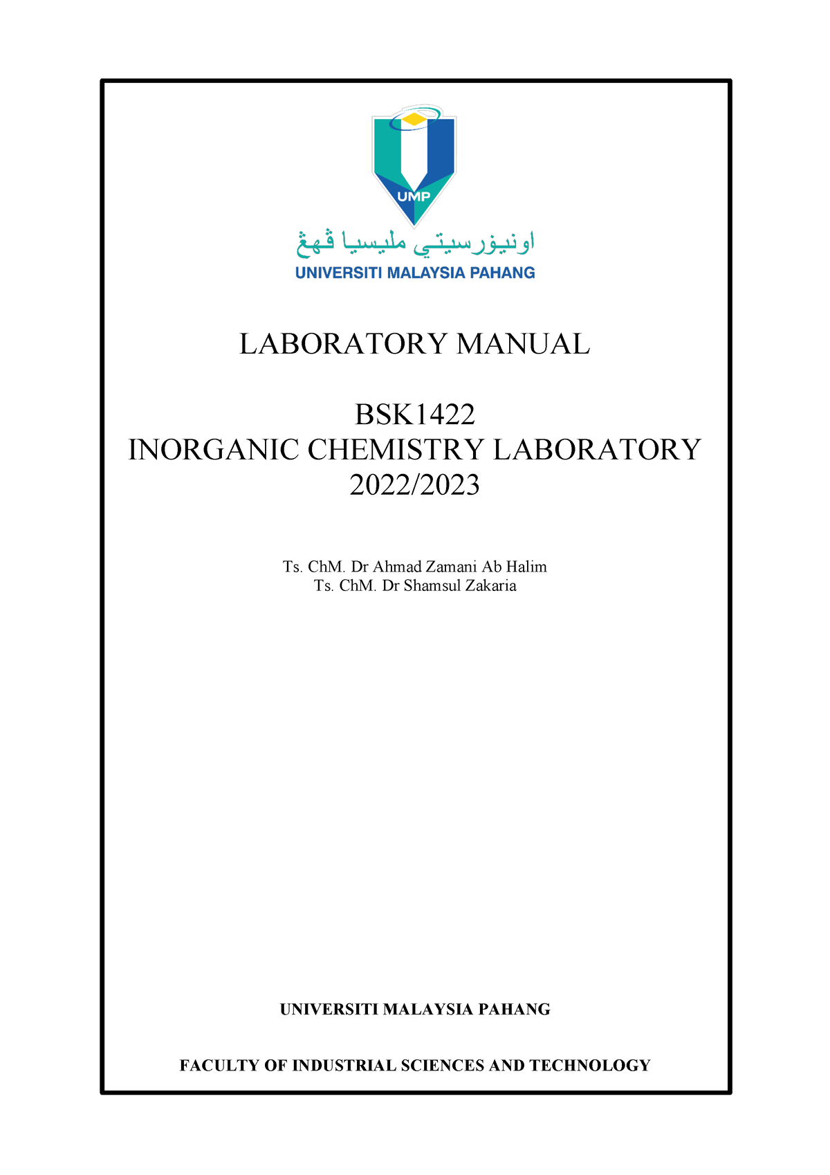 Inorganic Chemistry Laboratory 2022-2023 - LABORATORY MANUAL BSK ...