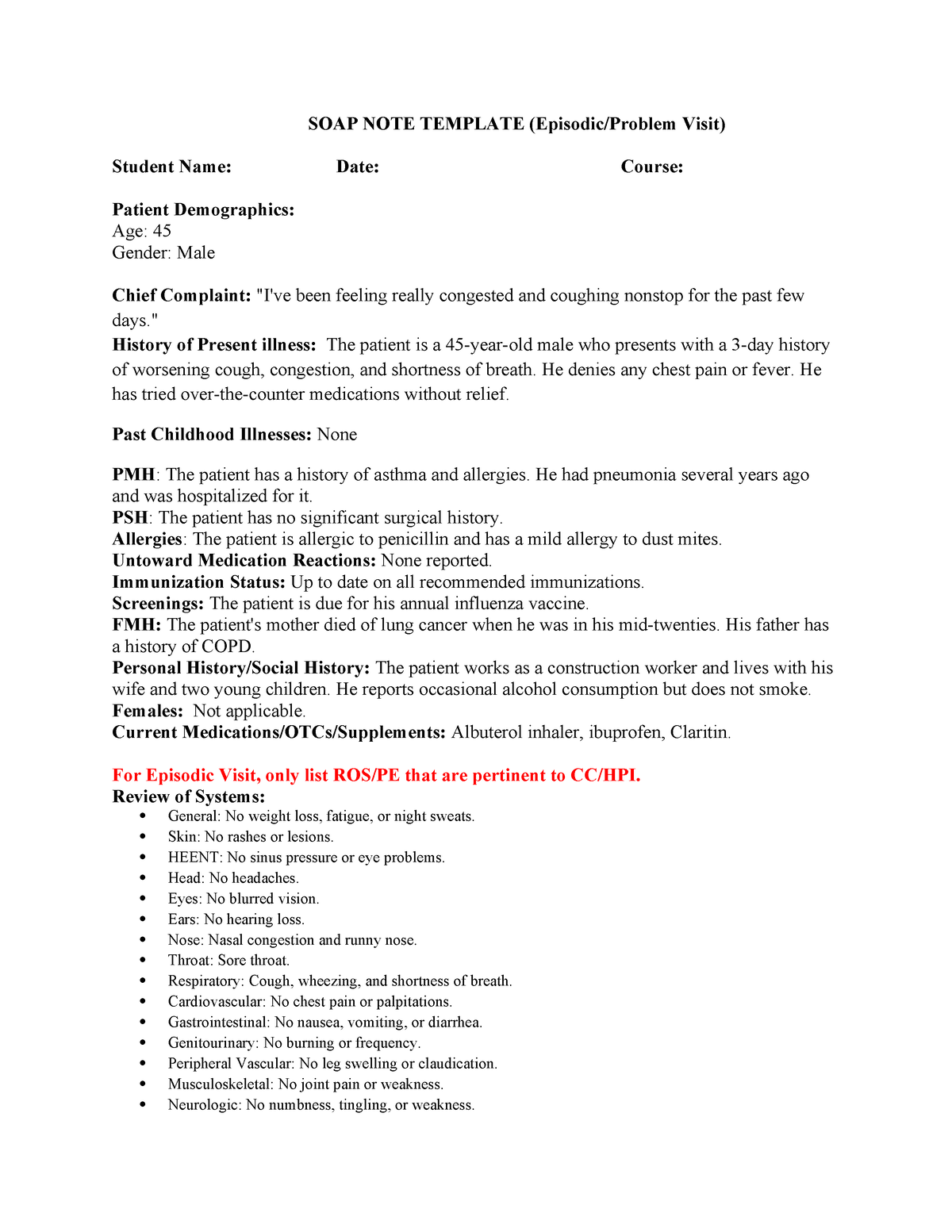 Pediatric Episodic-Problem SOAP Template - SOAP NOTE TEMPLATE (Episodic ...