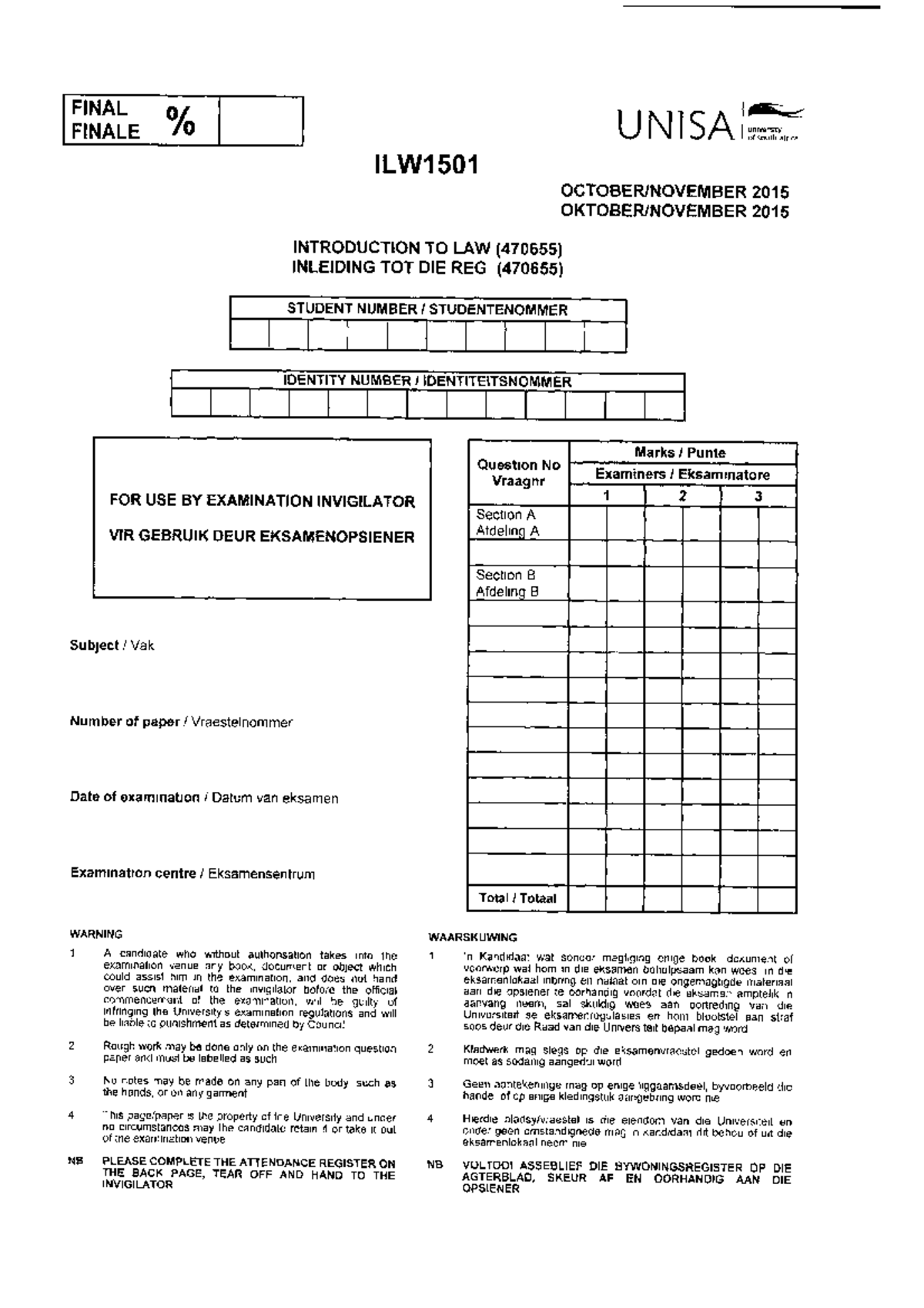 Exam October 2015, questions and answers - ILW1501 - Studocu