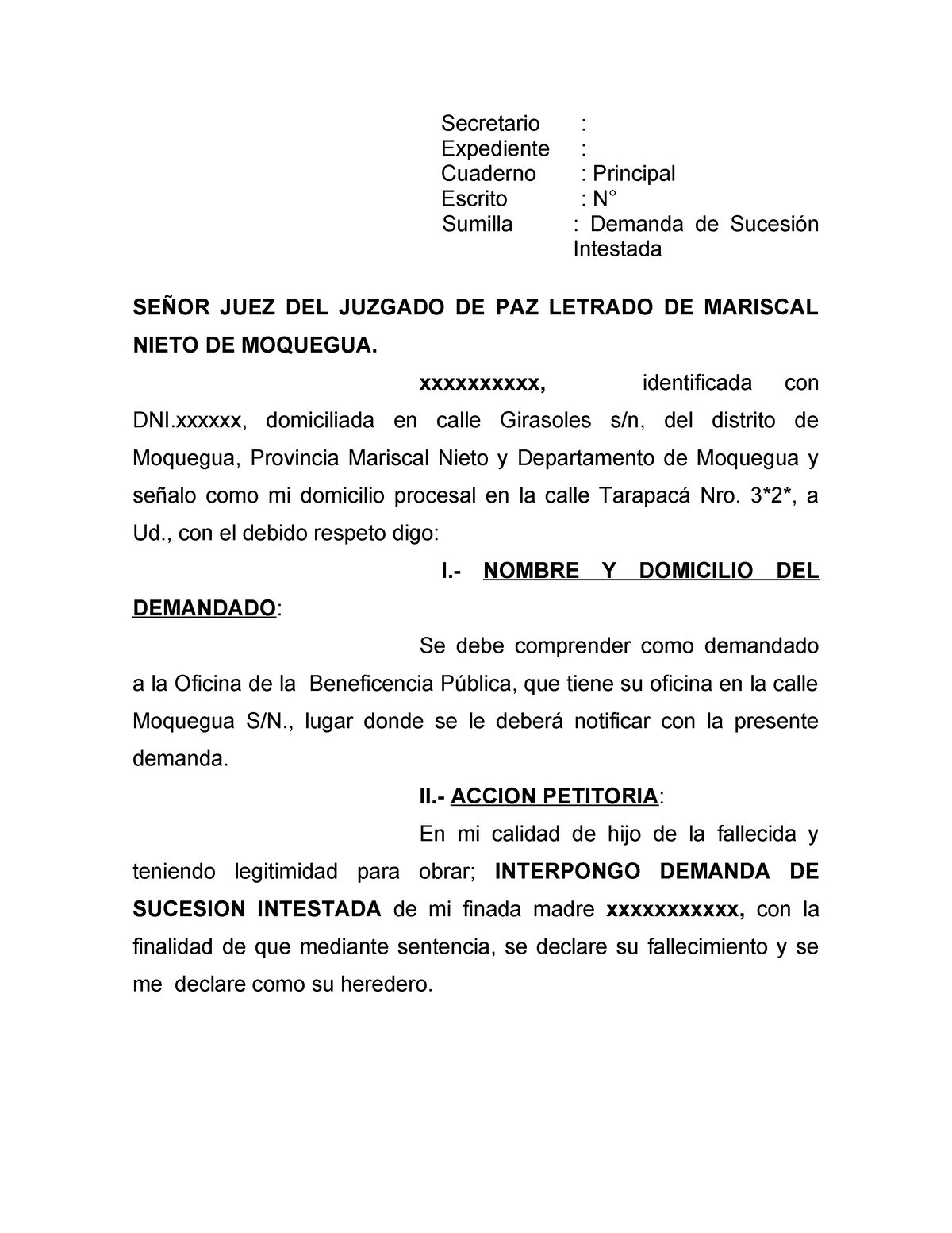 Demanda de Sucesión Intestada - Secretario : Expediente : Cuaderno ...