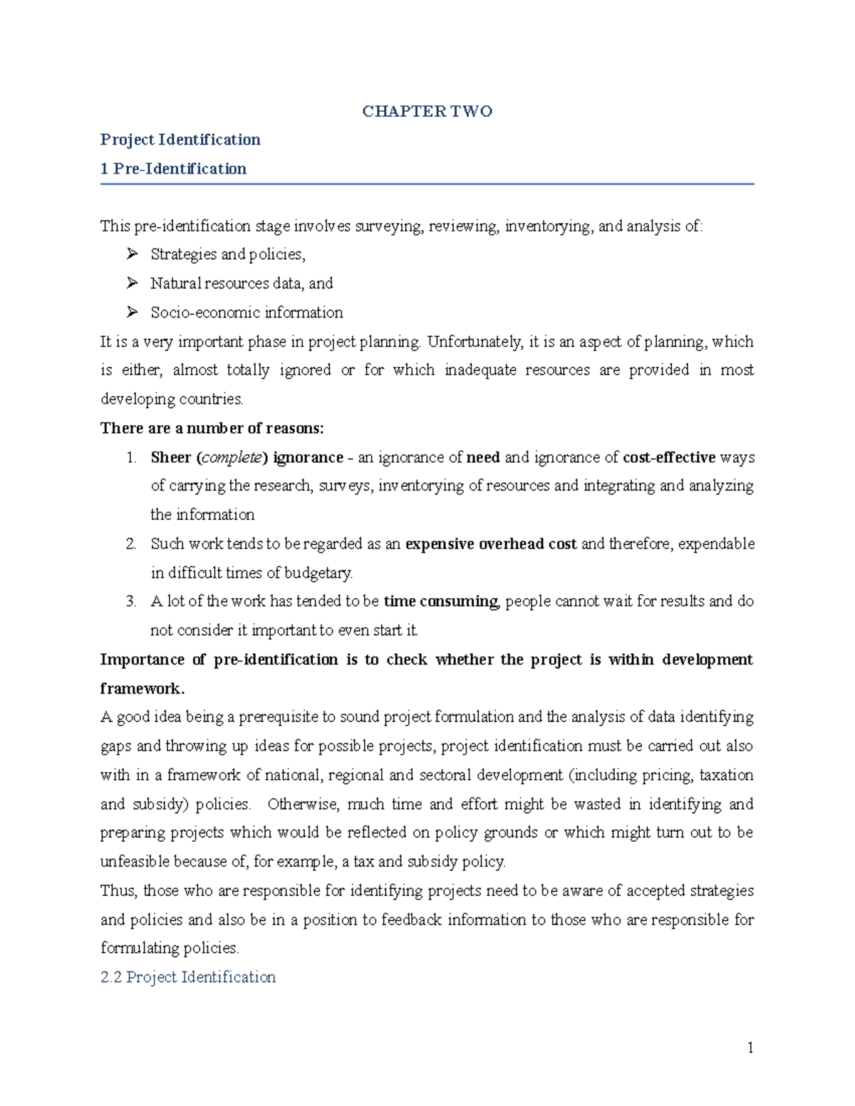 Chapter 1 and two - JEMAL ALI - CHAPTER TWO Project Identification 1 ...