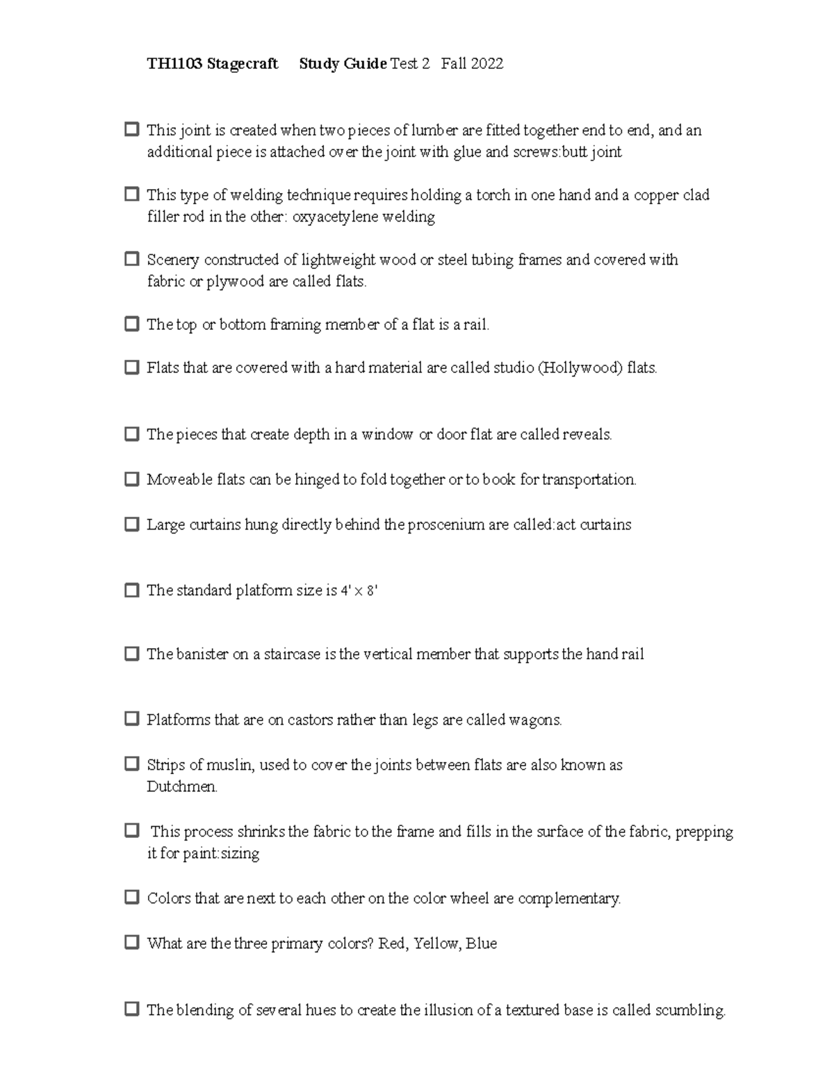 TH1103Stagecraft Study Guide Test 2 Fall2022 - TH1103 Stagecraft Study ...