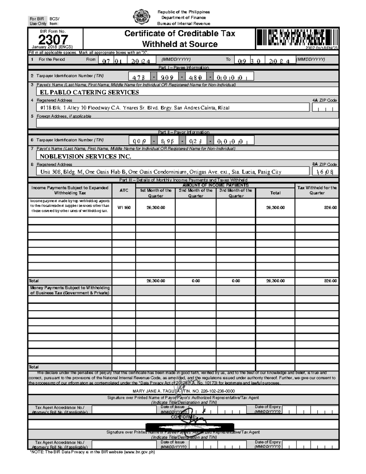 BIR 2307 EL Pablo Catering Services (2) - Fill in all applicable spaces ...