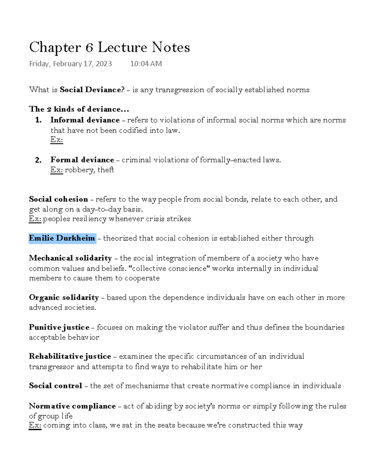 Chapter 6 Lecture Notes - What is Social Deviance? - is any ...