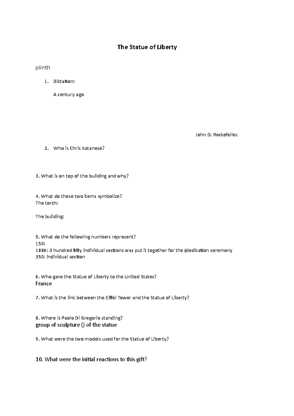 The Statue of Liberty questionnaire - The Statue of Liberty plinth 1 ...