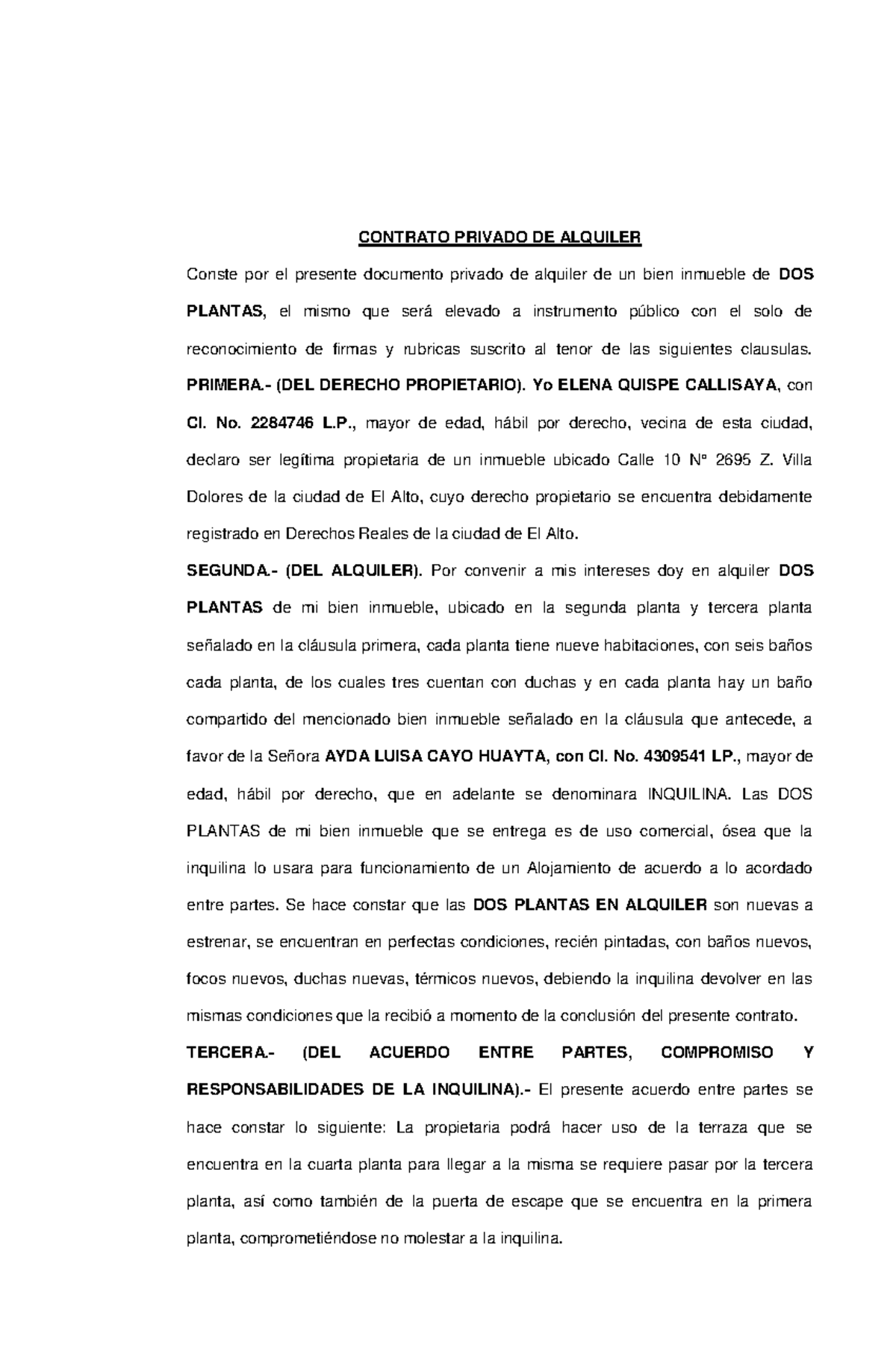 Contrato Privado DE Alquiler - CONTRATO PRIVADO DE ALQUILER Conste Por ...