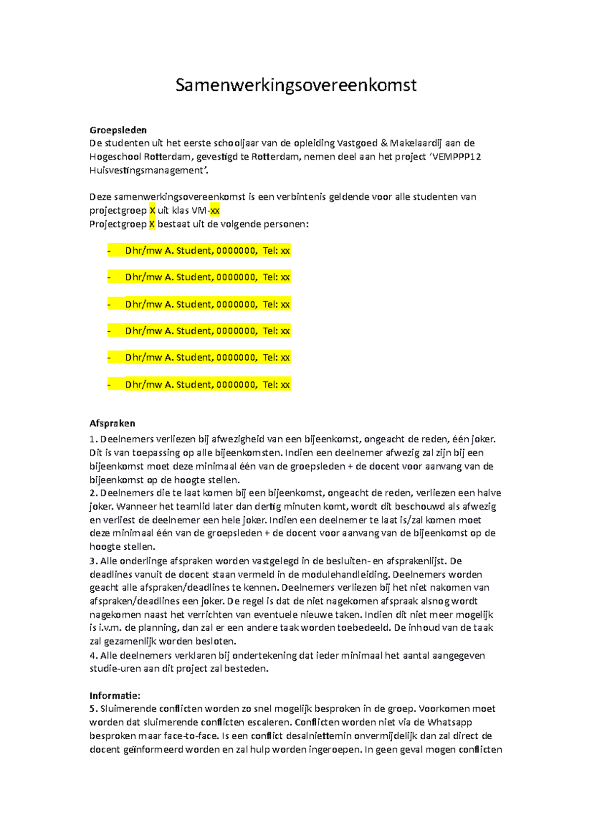 Format SOK project jaar 1 - Samenwerkingsovereenkomst Groepsleden De ...