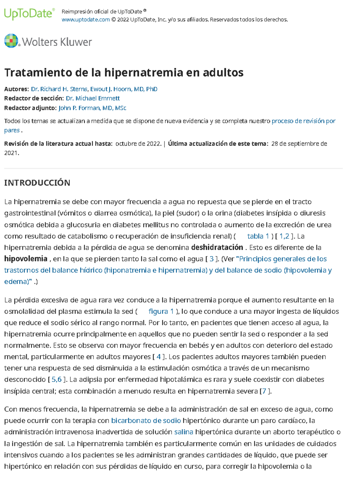 Treatment of hypernatremia in adults Up To Date Reimpresión oficial