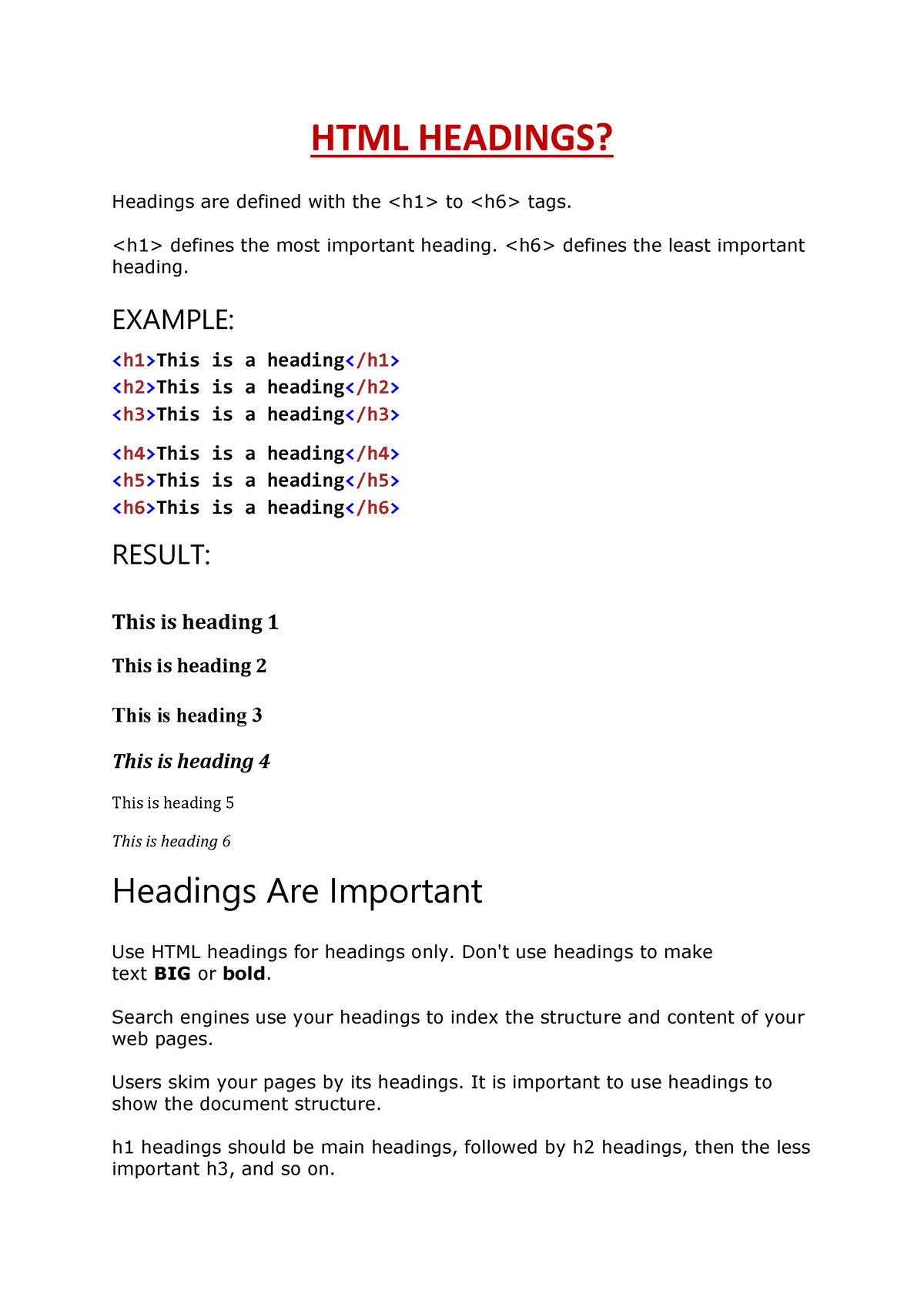 HTML Headings - Lecture Notes 1 - HTML HEADINGS? Headings Are Defined ...