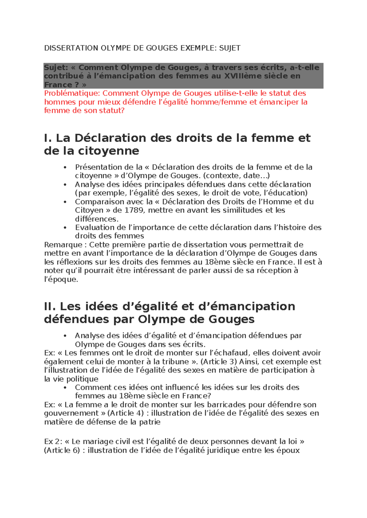 plan de dissertation sur olympe de gouges