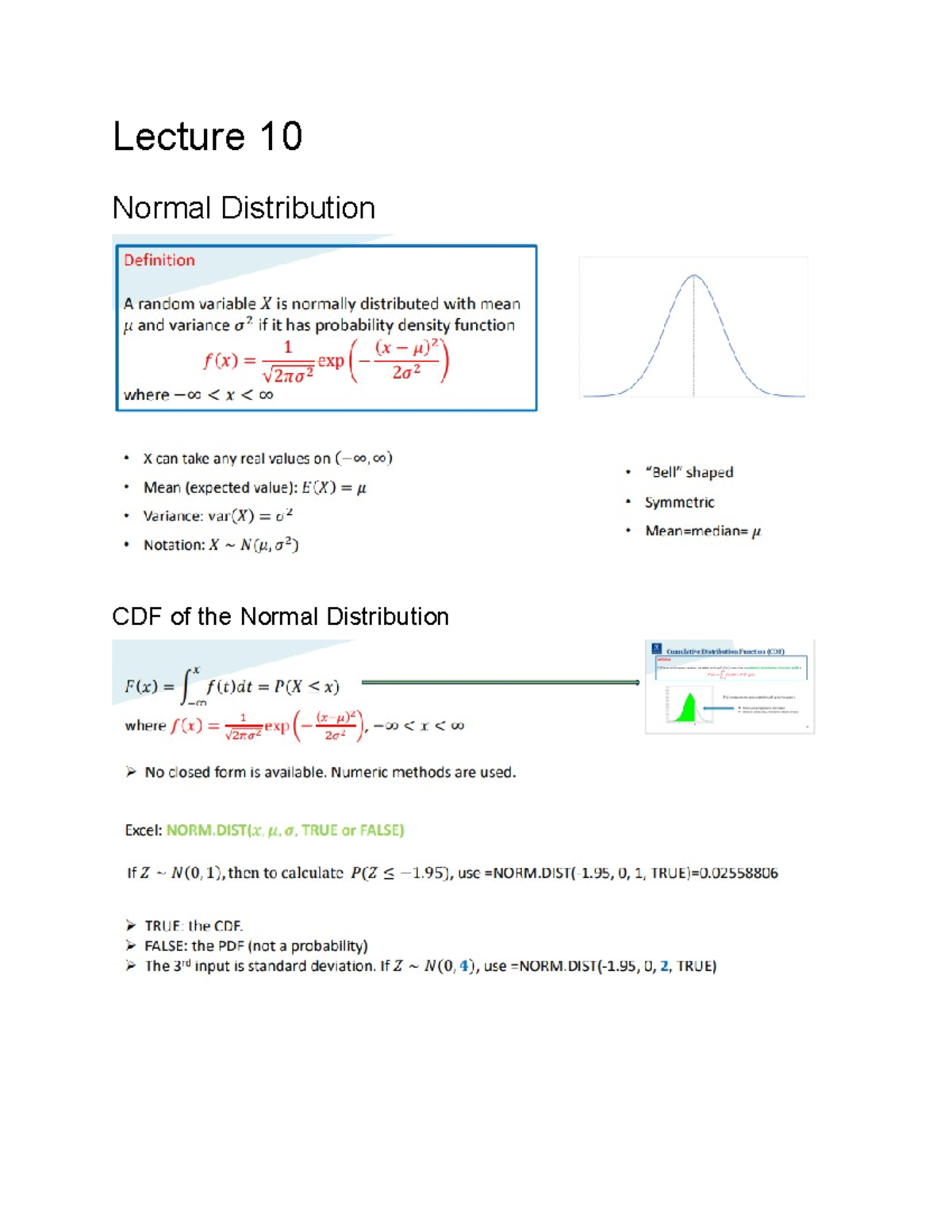 Lecture 10 - Lecture 10 Normal Distribution CDF of the Normal ...