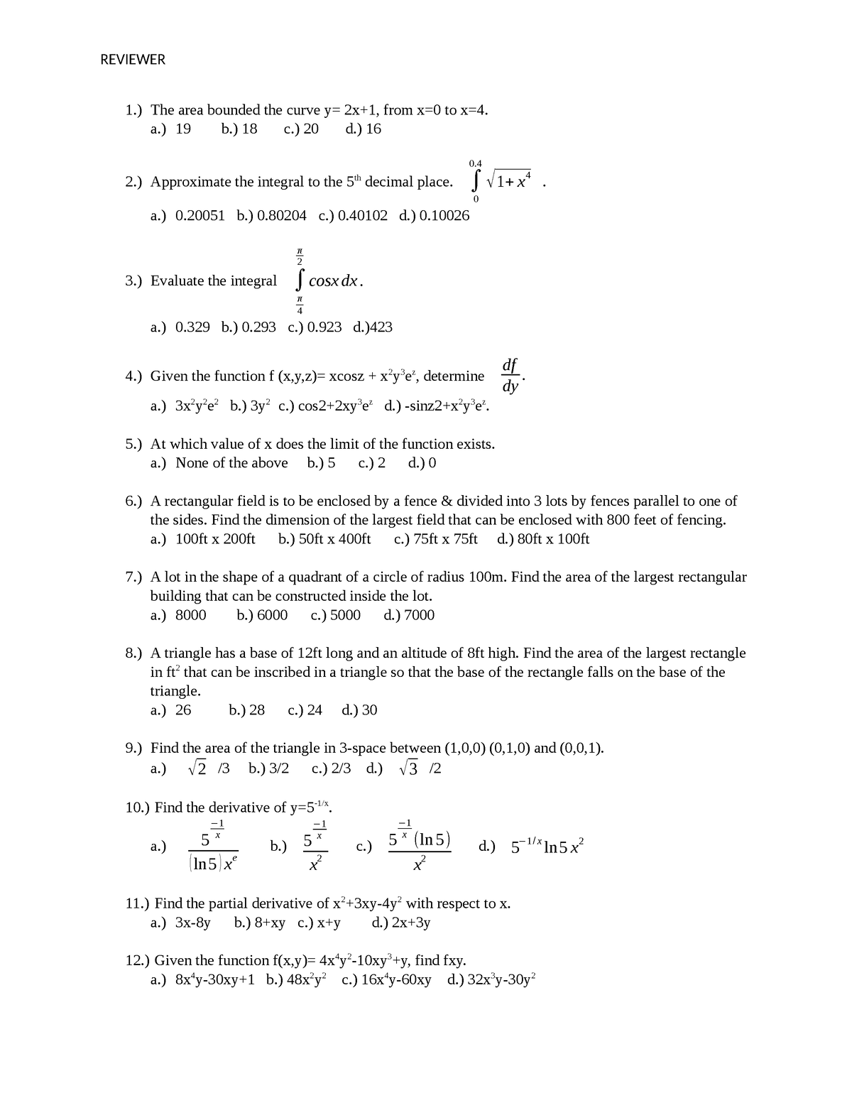 Reviewer EXIT EXAM MATH 148 - 1.) The area bounded the curve y= 2x+1 ...