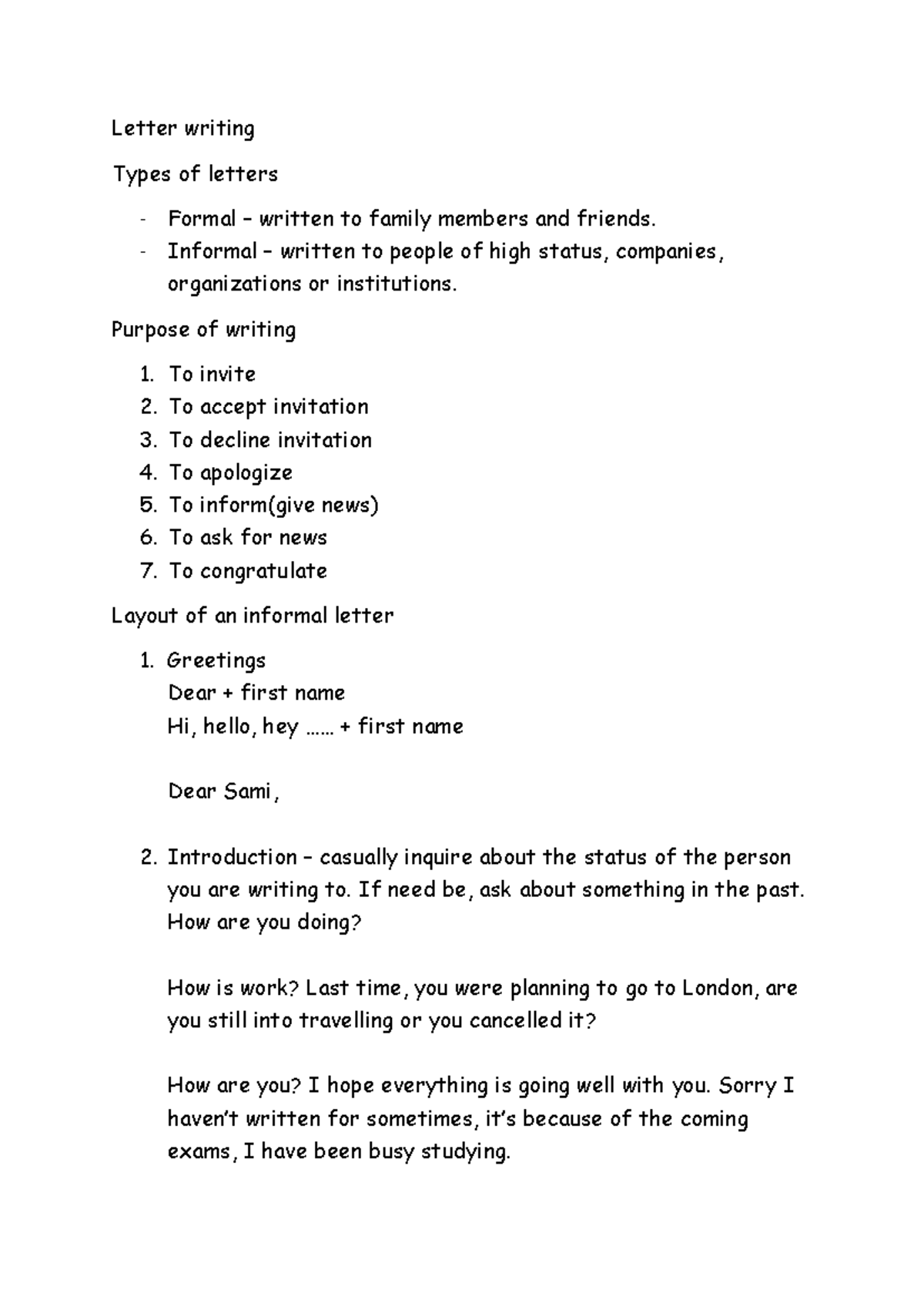 Letter writing Instructions Letter writing Types of letters