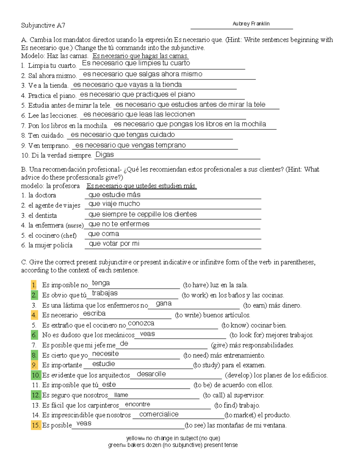 5a- Subjunctive A7 & C2 work for Spanish three ivy tech - Subjunctive ...