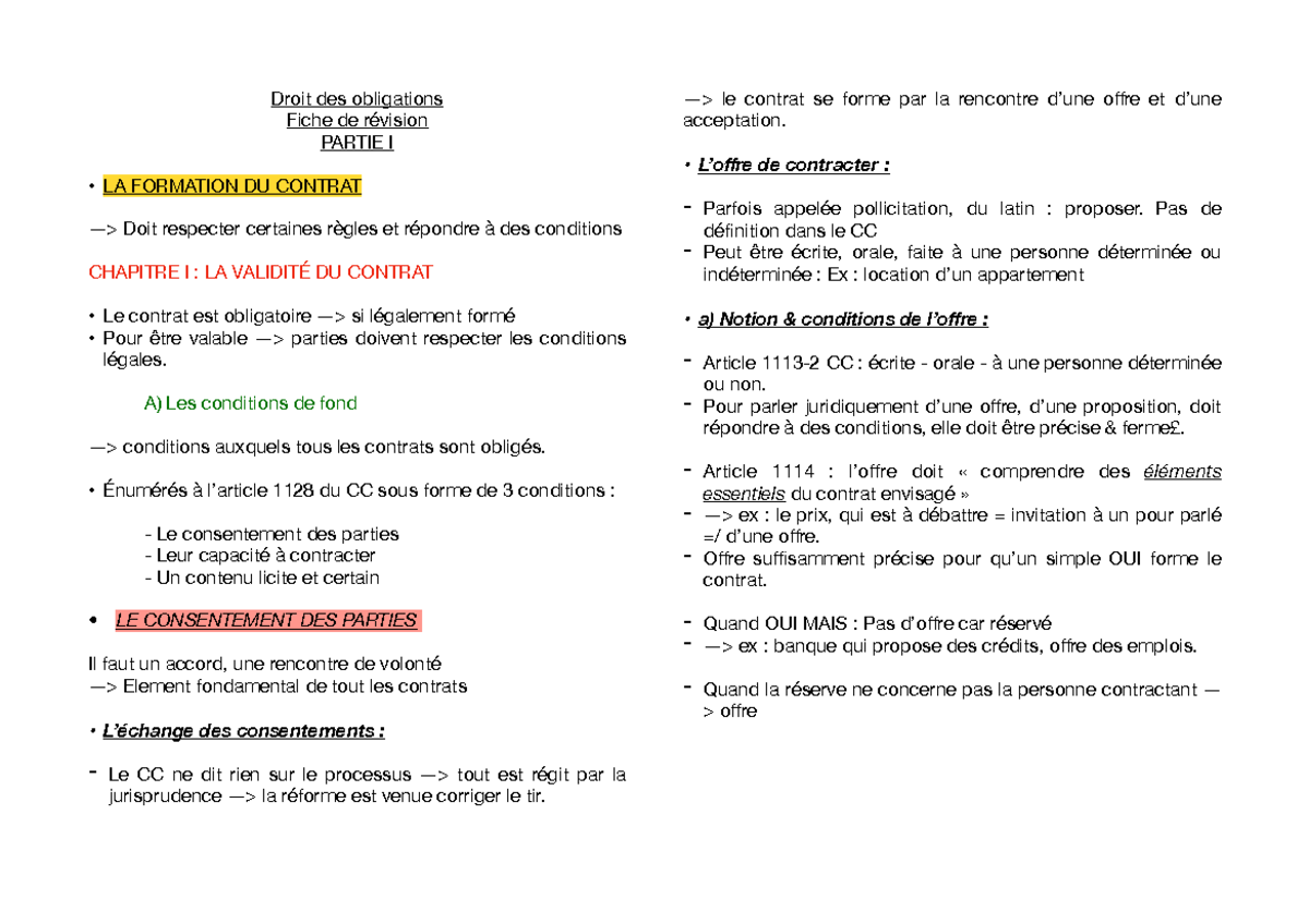 Fiche de révision droit des oblig 2 L2 - Droit des obligations Fiche de