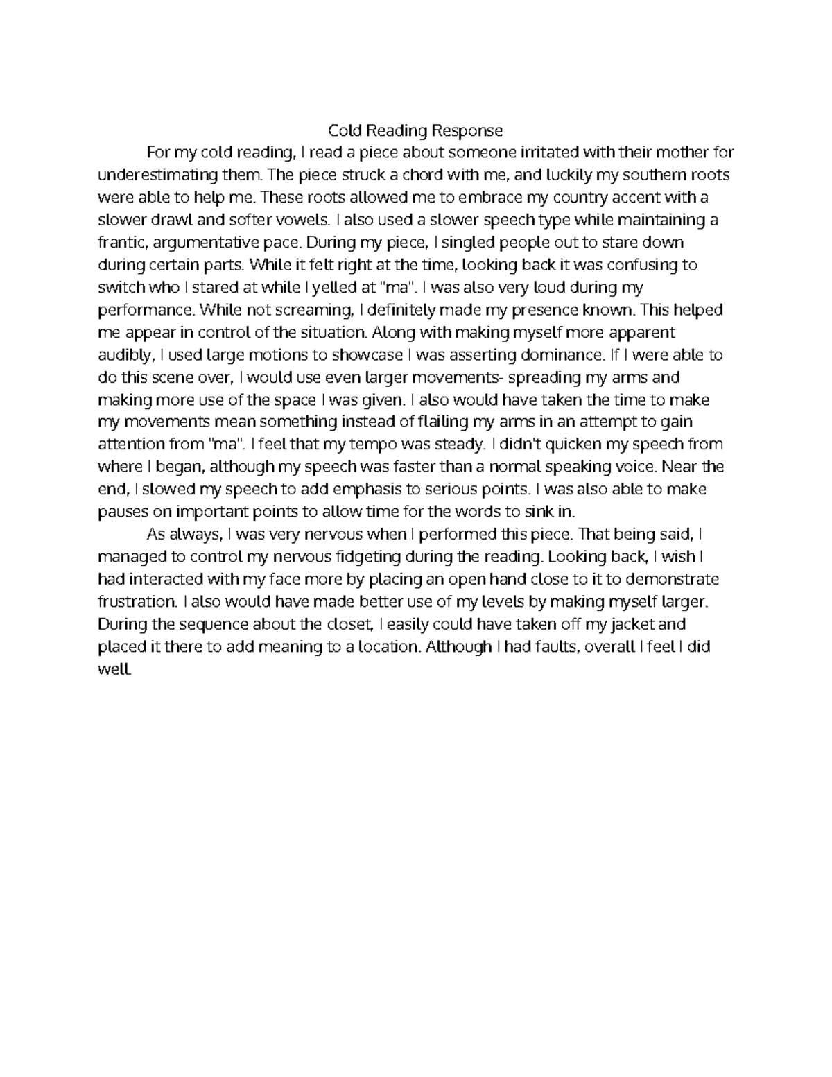 Cold Reading Response Cold Reading Response For My Cold Reading I