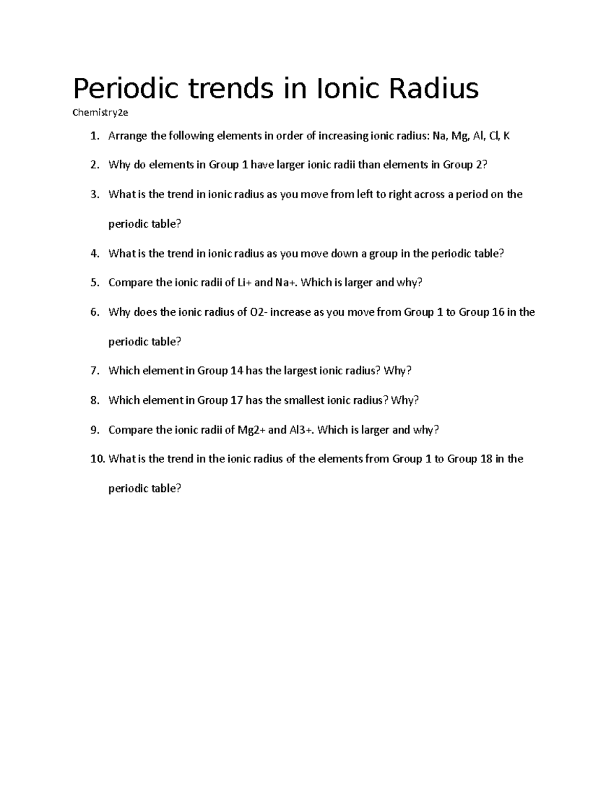 Periodic trends in Ionic Radiusworksheet Periodic trends in Ionic
