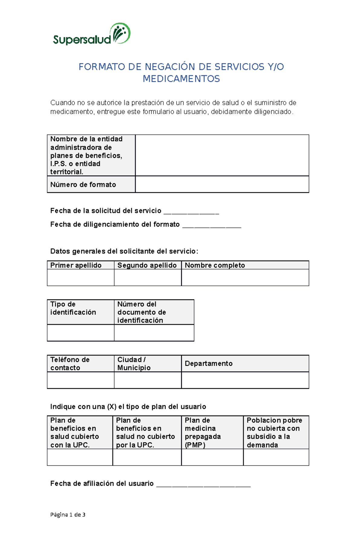 Formato de negacion de servicios de salud FORMATO DE NEGACIÓN DE
