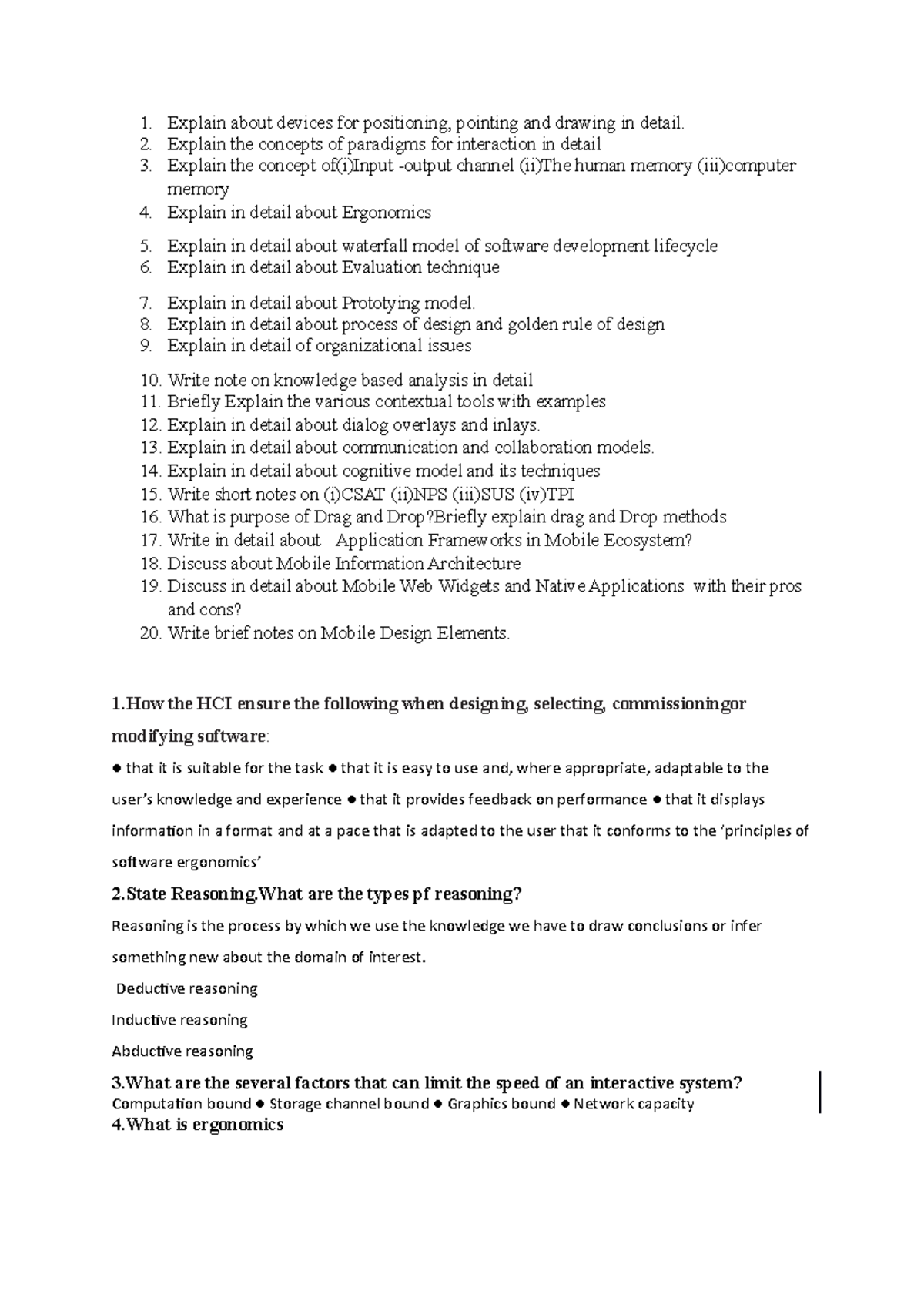 Hci que Hci que 1. Explain about devices for positioning, pointing
