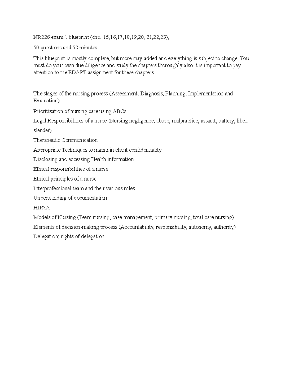 Fundamentals II Patient Care Exam 1 - NR226 exam 1 blueprint (chp. 15 ...