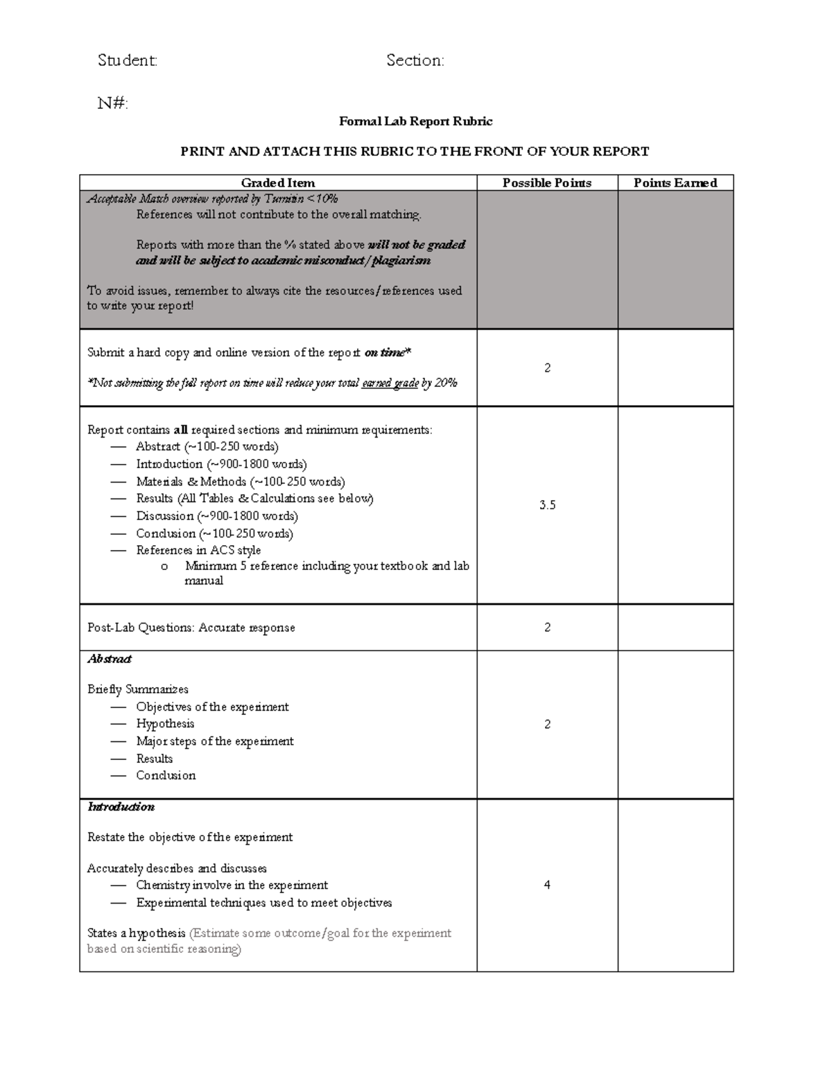 Formal Lab Report Rubric Student Section N Formal Lab Report