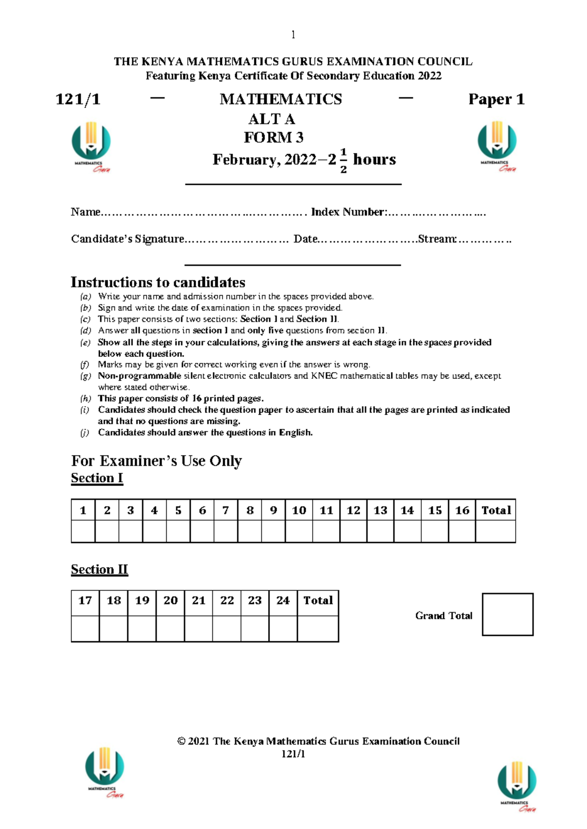 FORM 3 PP1 Gurus EXAM - for maths only - THE KENYA MATHEMATICS GURUS ...