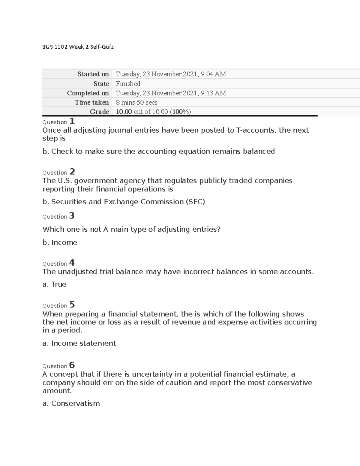 BUS 1102 Basic Accounting Week 2 Self-Quiz - BUS 1102 Week 2 Self-Quiz ...