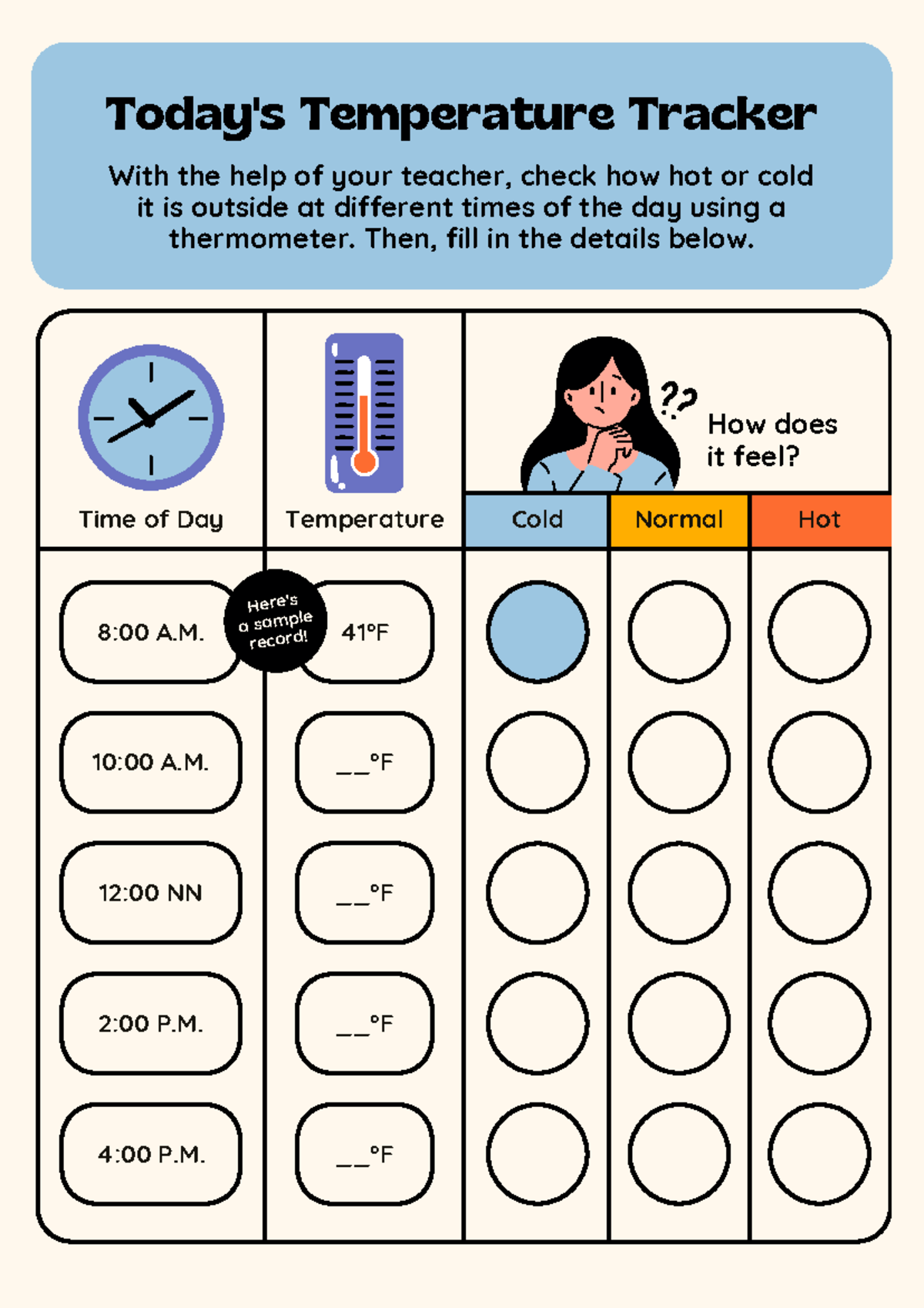 Temperature Tracker Science Worksheet in Light Yellow Blue Flat Cartoon ...