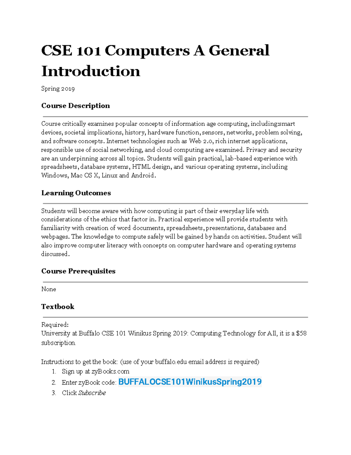 CSE101 Spring 2019 Syllabus CSE 101 Computers A General Introduction