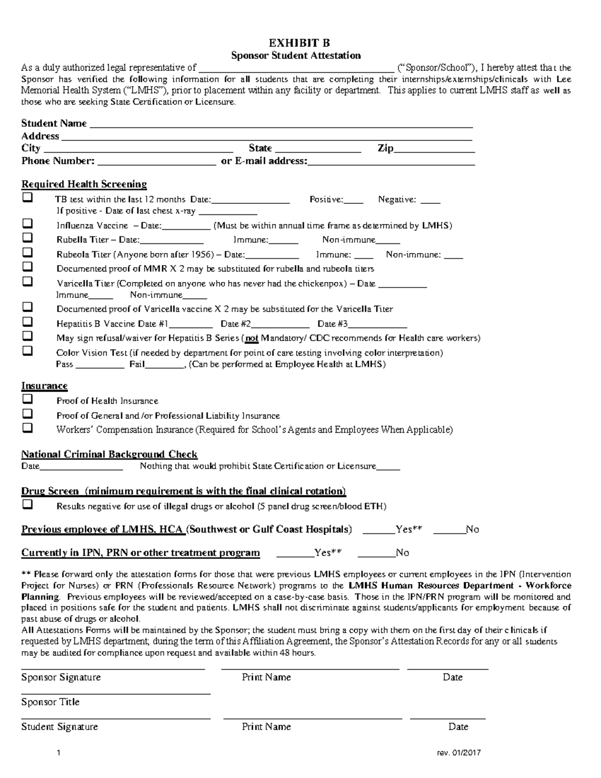 Lee-health-exhibit-b - 1 rev. 01 / 2017 EXHIBIT B Sponsor Student ...