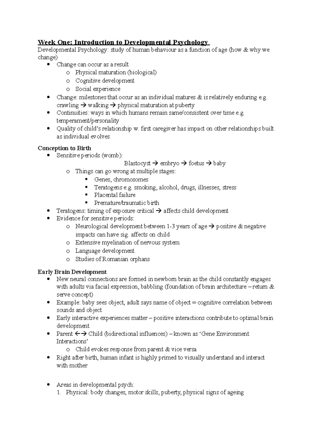 105 notes - Week One: Introduction to Developmental Psychology ...
