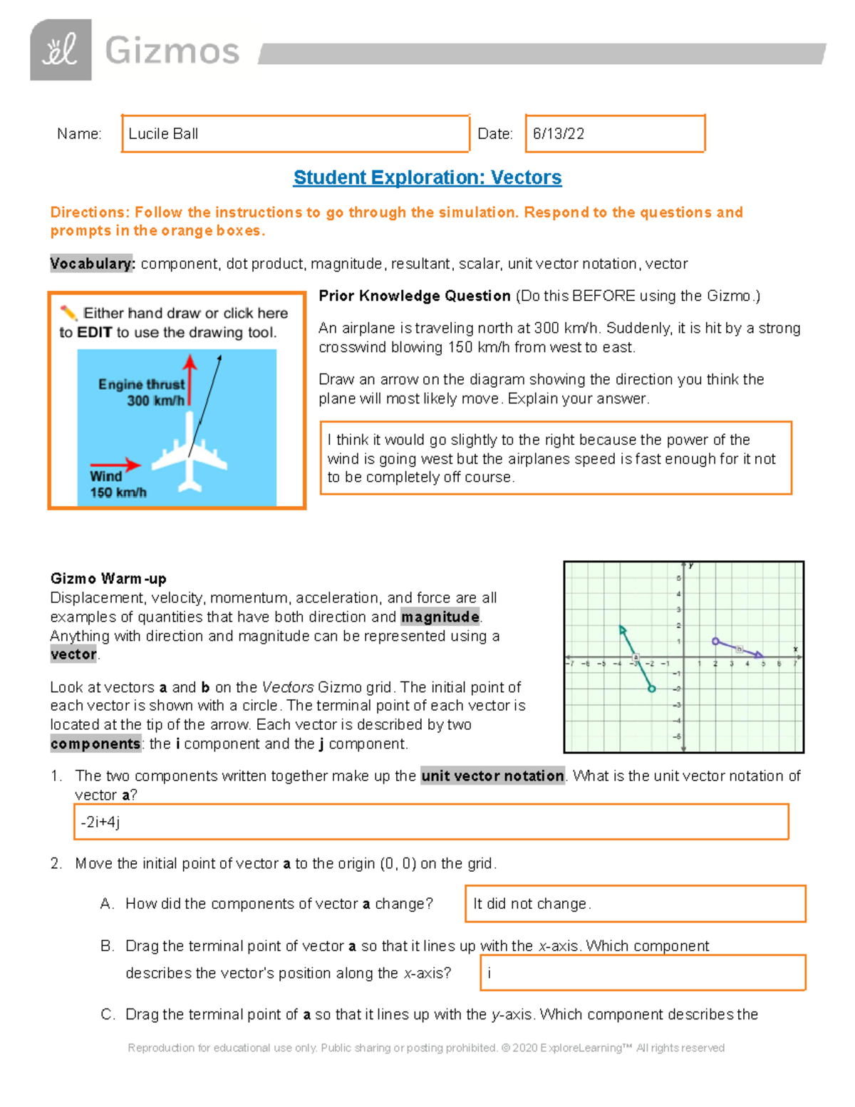 Gizmo Labs Vectors - Name: Lucile Ball Date: 6/13/ Student Exploration