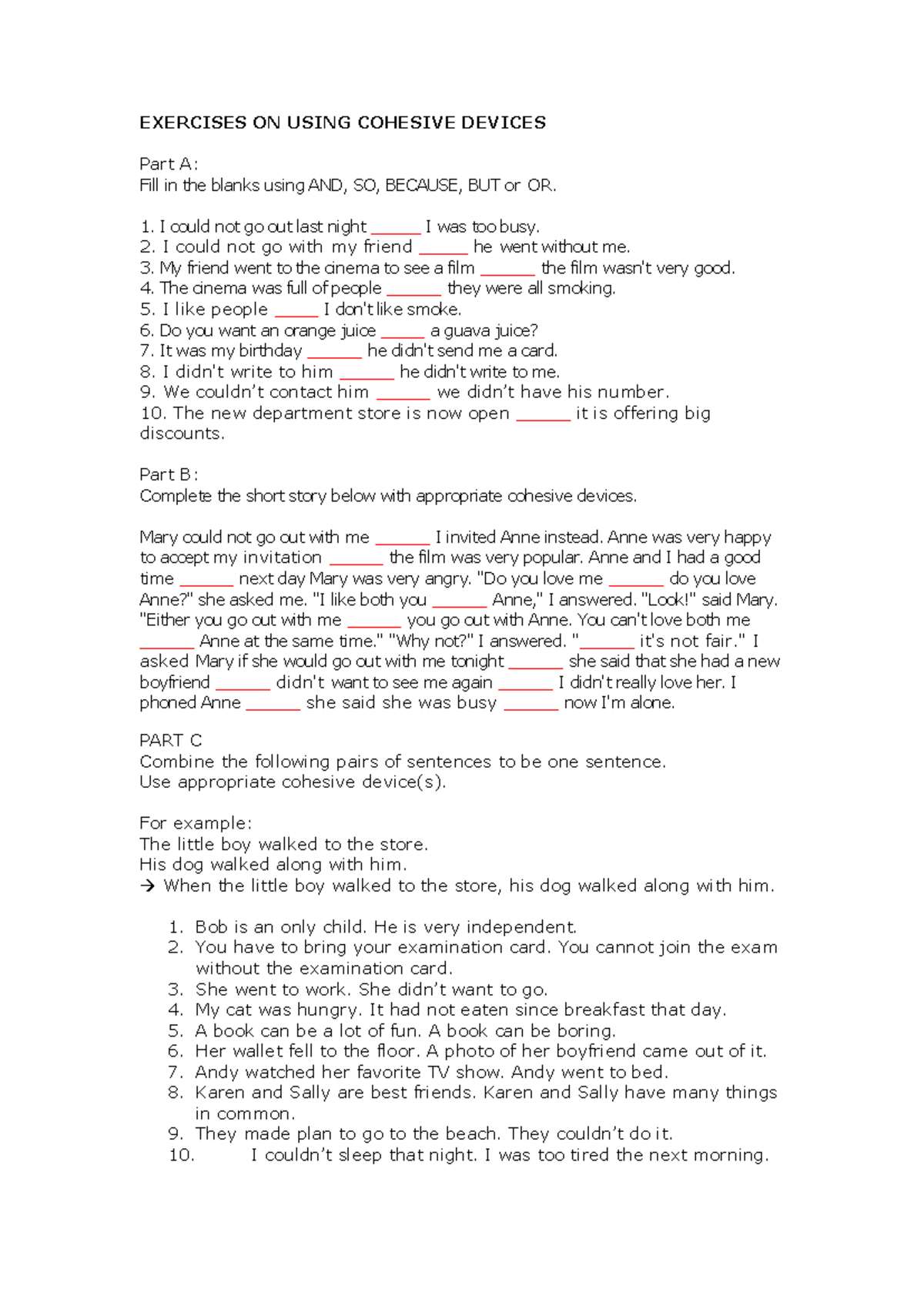 Exercises ON Using Cohesive Devices - EXERCISES ON USING COHESIVE ...