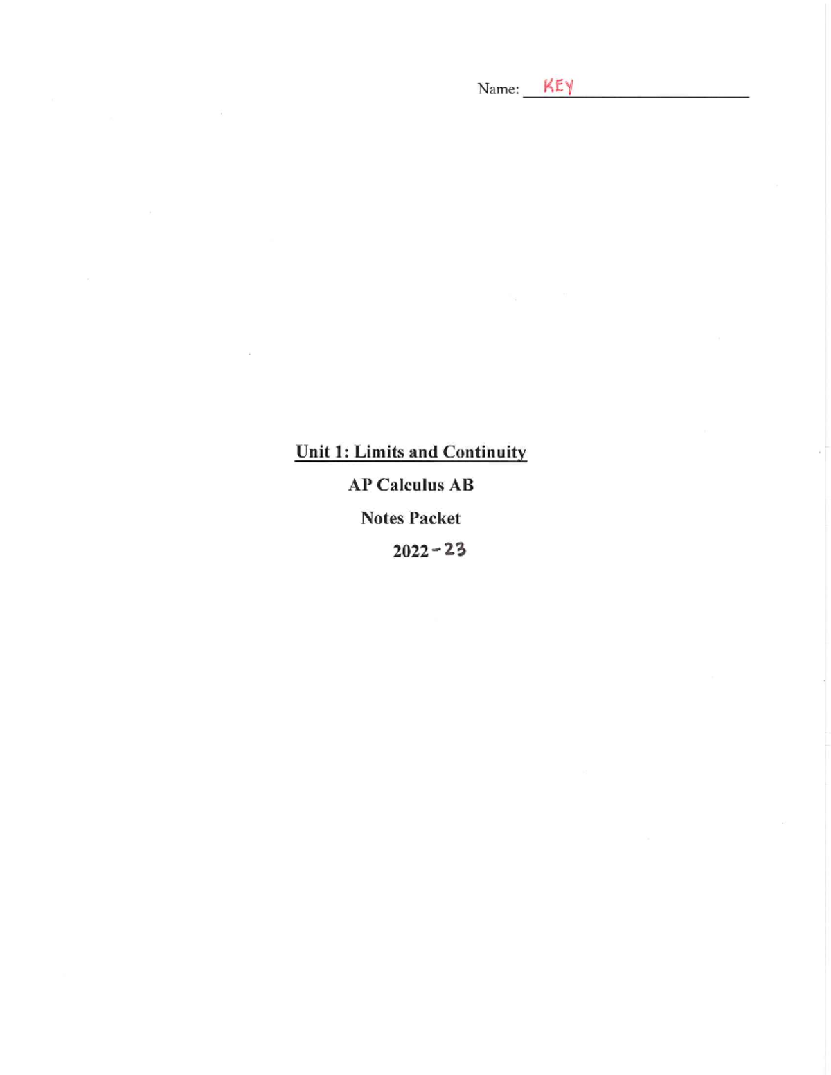 Unit 1 AB Notes KEY 2022-23 - Name: KEY Unit 1: Limits and Continuity ...