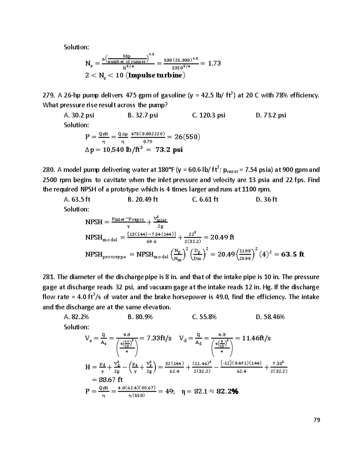 BLUE-BOOK-40 - n/a - 79 Solution: ( ) ( ) ( ) 279. A 26-hp pump ...