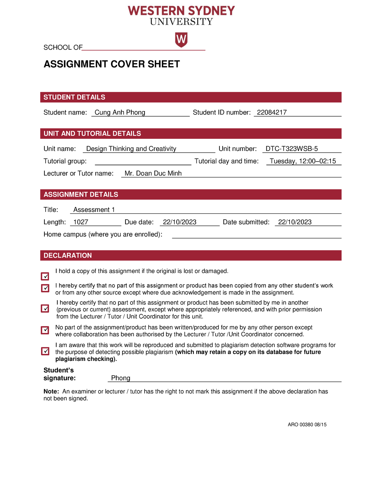 dkit assignment cover sheet