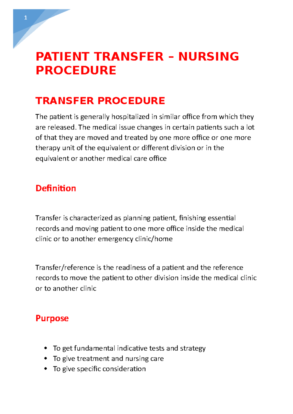 Patient Transfer Procedure PATIENT TRANSFER NURSING PROCEDURE