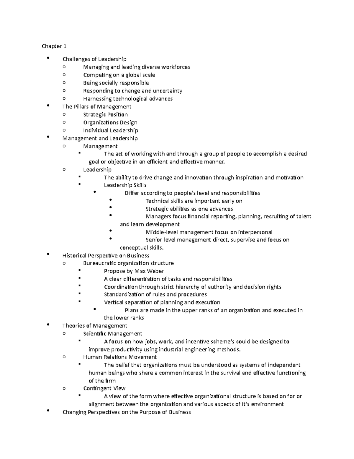 MGMT 310 Notes Ch. 1-15,17-18,20 - Chapter 1 Challenges of Leadership o ...