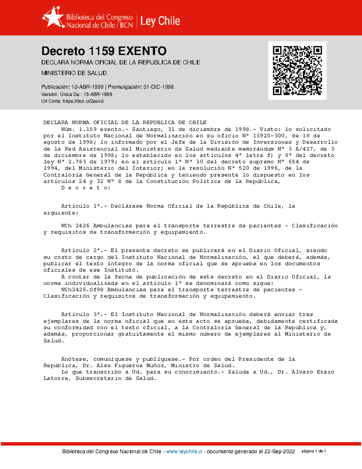 DTO-1159- Exento 13-ABR-1 999 - Decreto 1159 EXENTO, SALUD (1998 ...