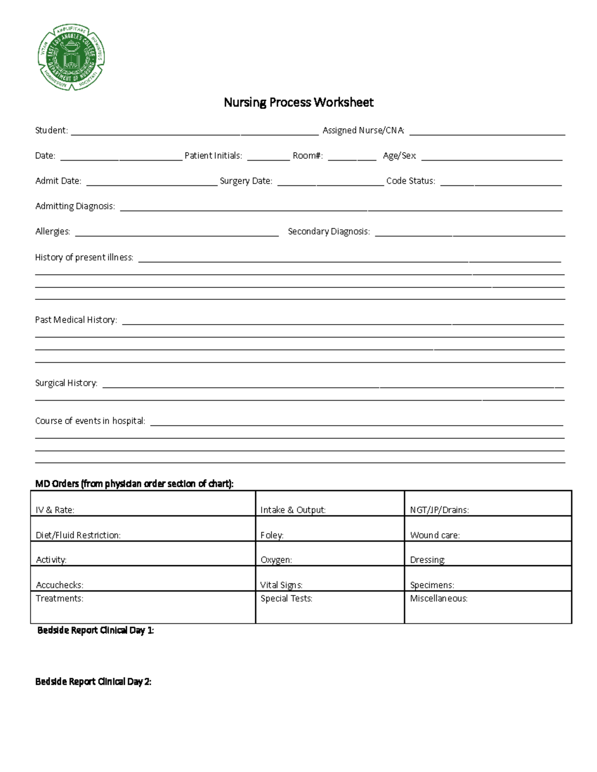 Clinical Paperwork - Forms - Nursing Process Worksheet Student: - Studocu